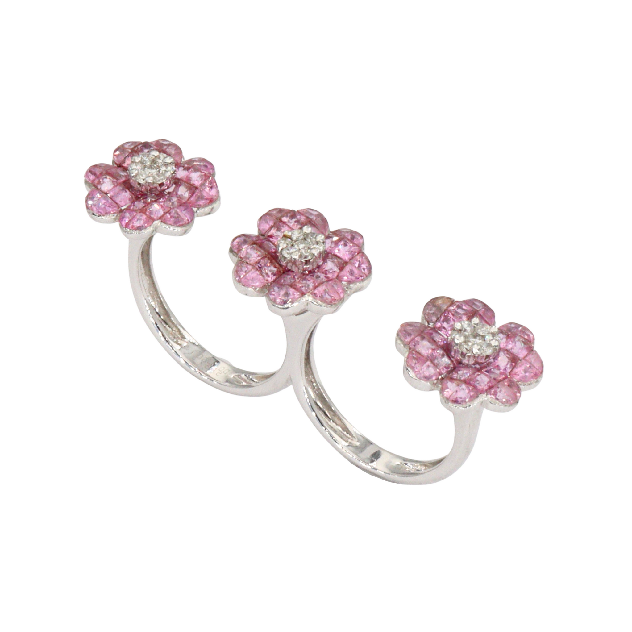 Anillo doble con flores de zafiro rosado y diamantes