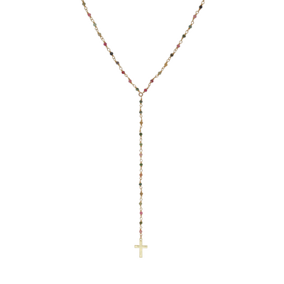 Collar largo estilo rosario de cristales con cruz
