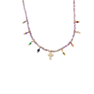 Collar de cristales lila y multicolor con cruz
