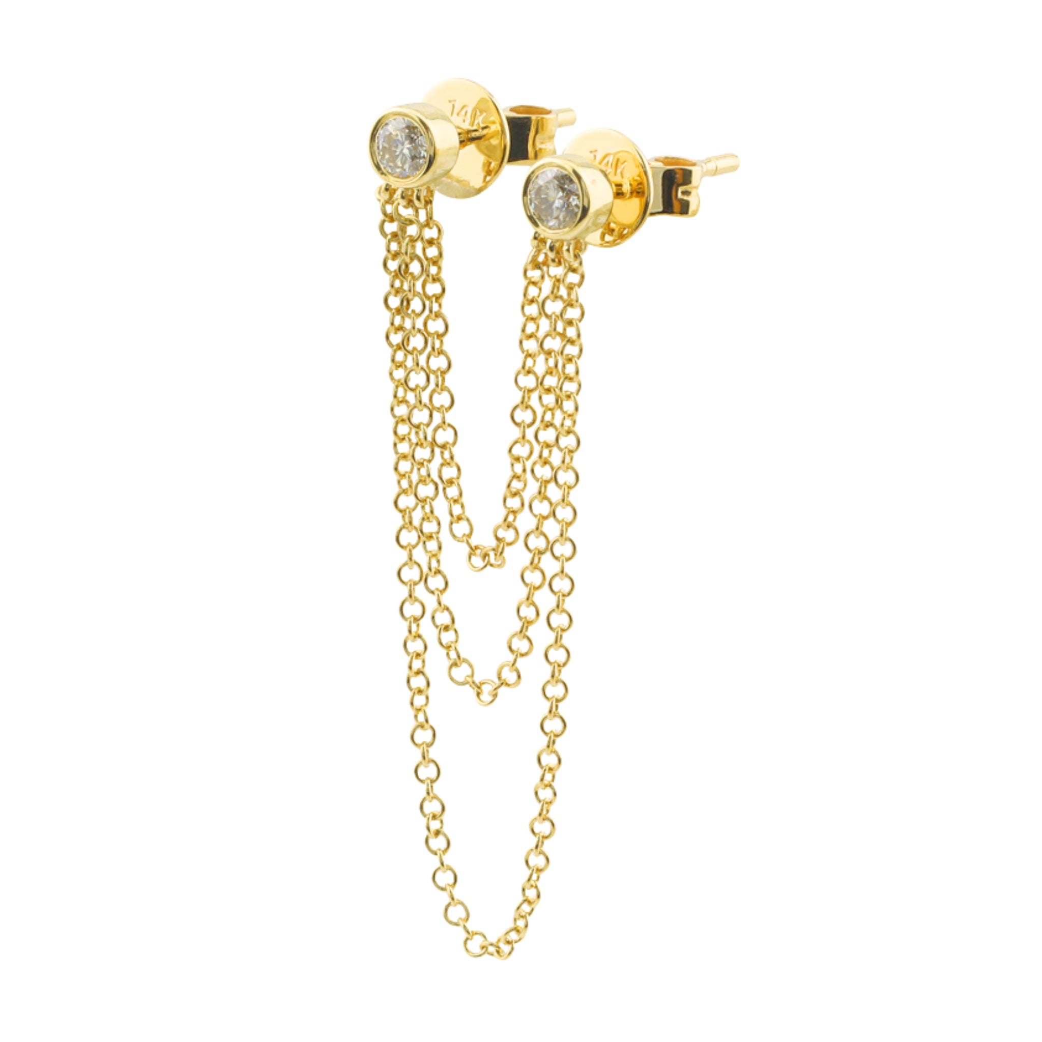 Arete doble stud con tres cadenas colgantes