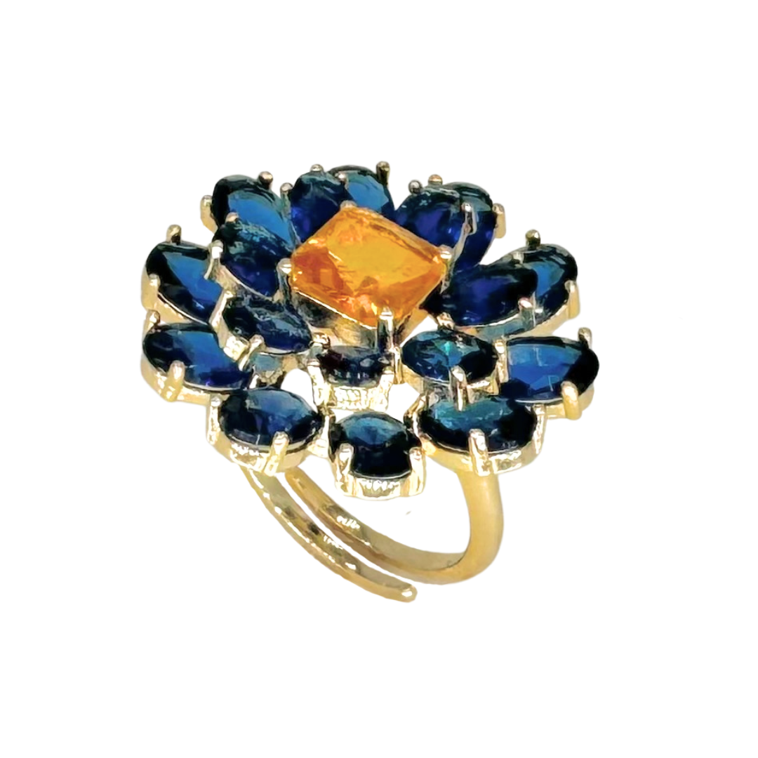 Anillo con flor azul y amarillo