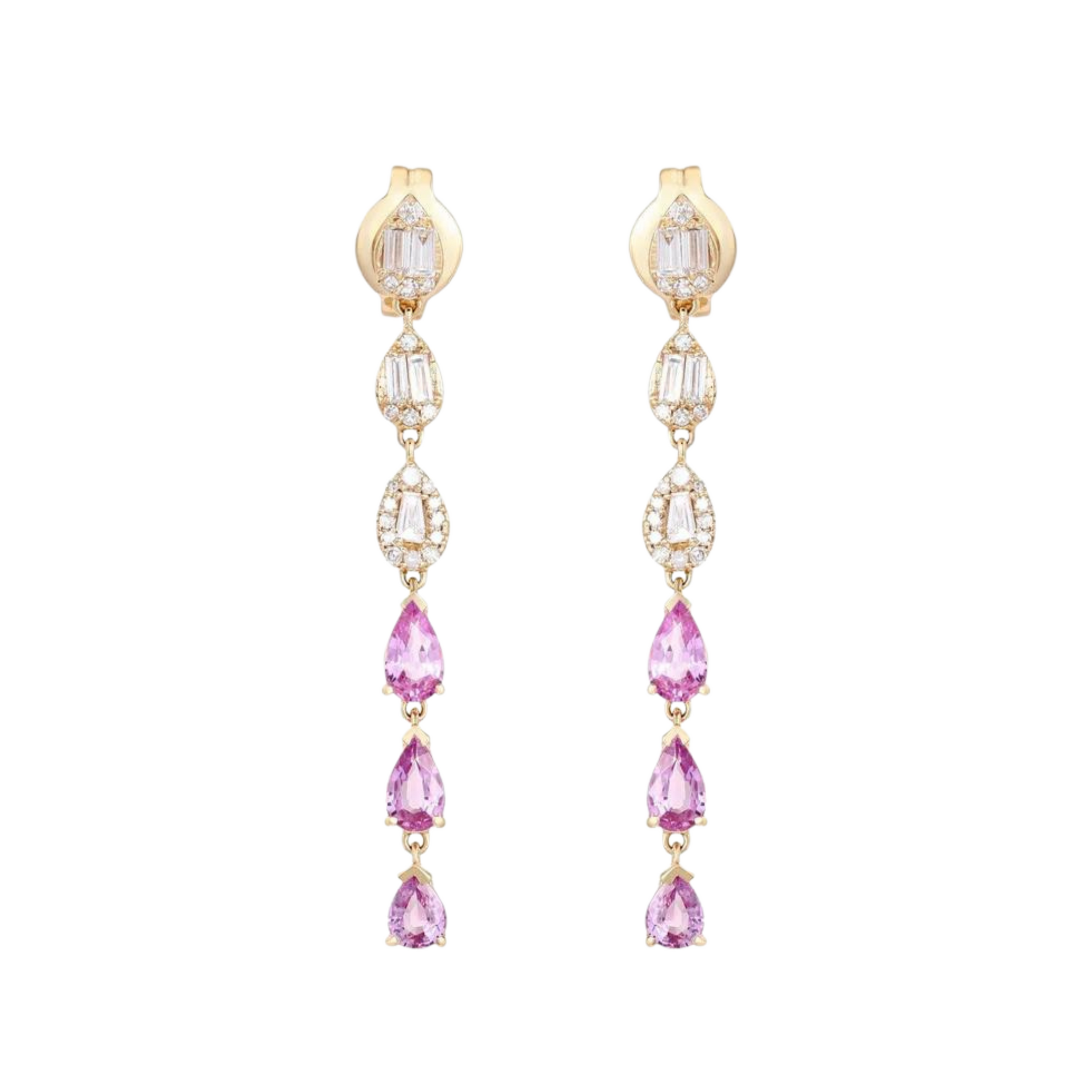 Aretes largos con zafiro rosado y diamantes