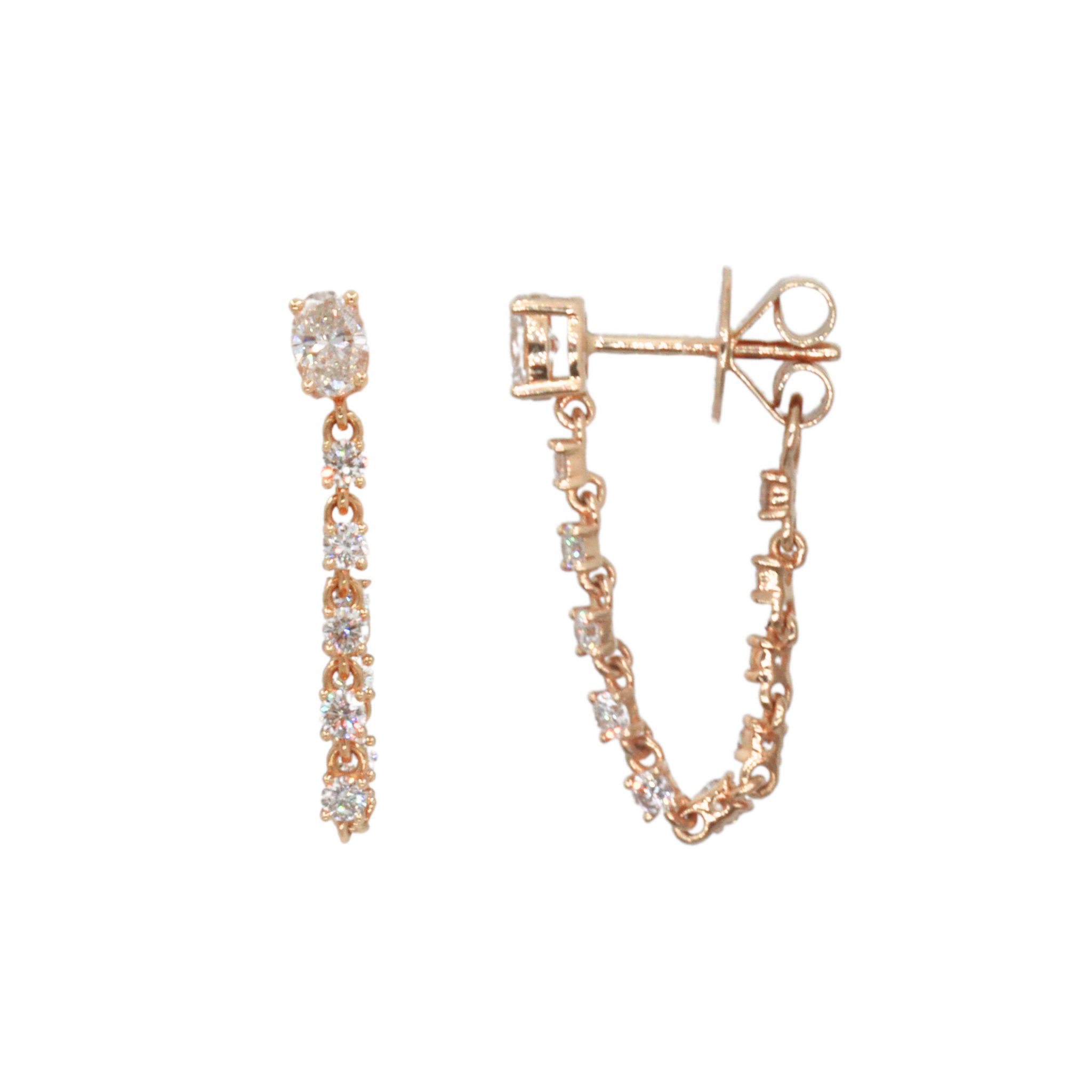 Arete con diamante oval y cadena para atrás