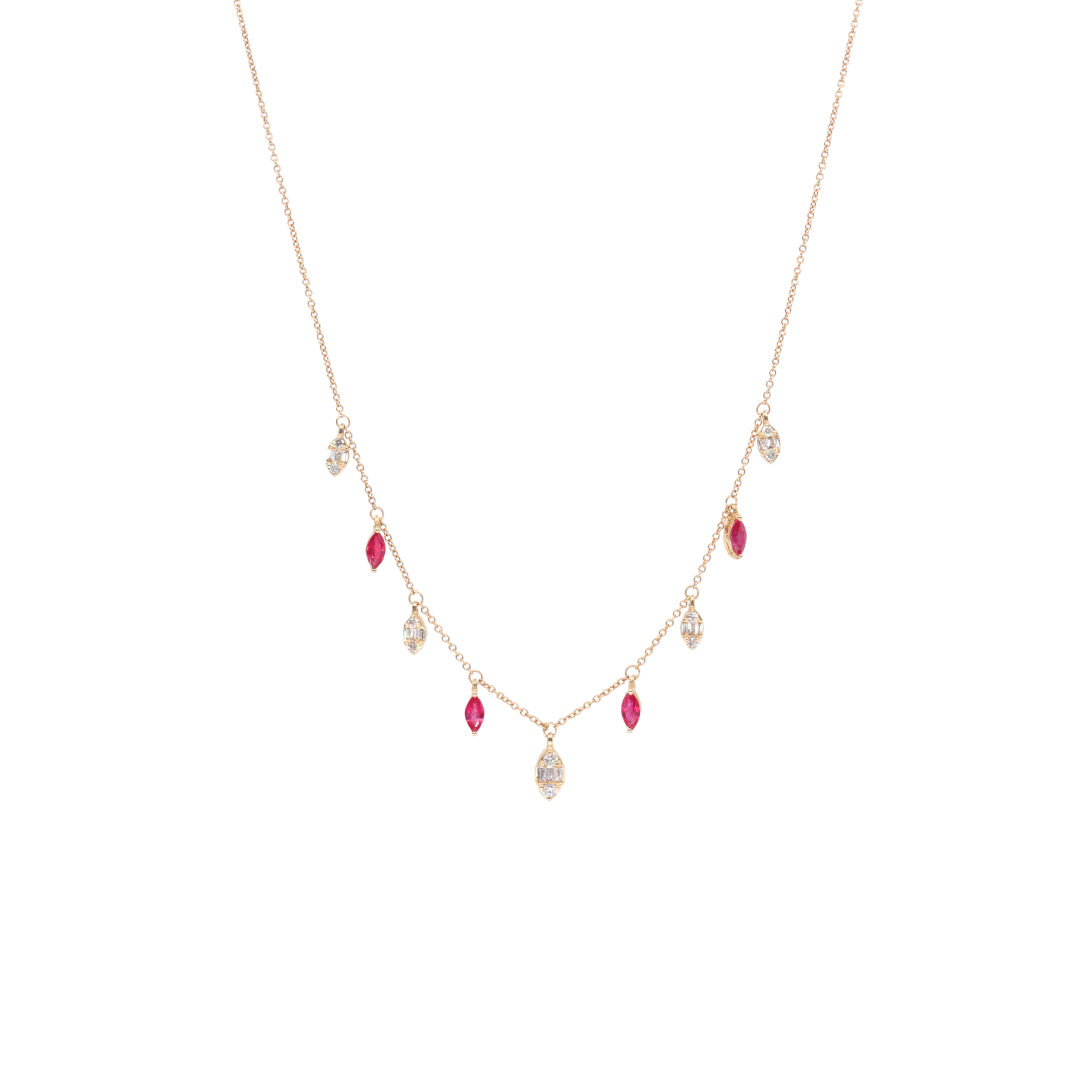 Collar con dangling diamantes y rubíes en corte marquise