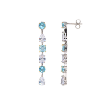 Aretes largos con circonias multishape aquamarina y blancas