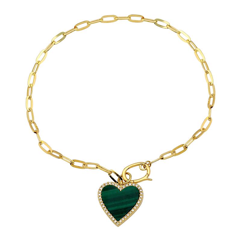 Pulsera con dije de corazón en malaquita y diamantes