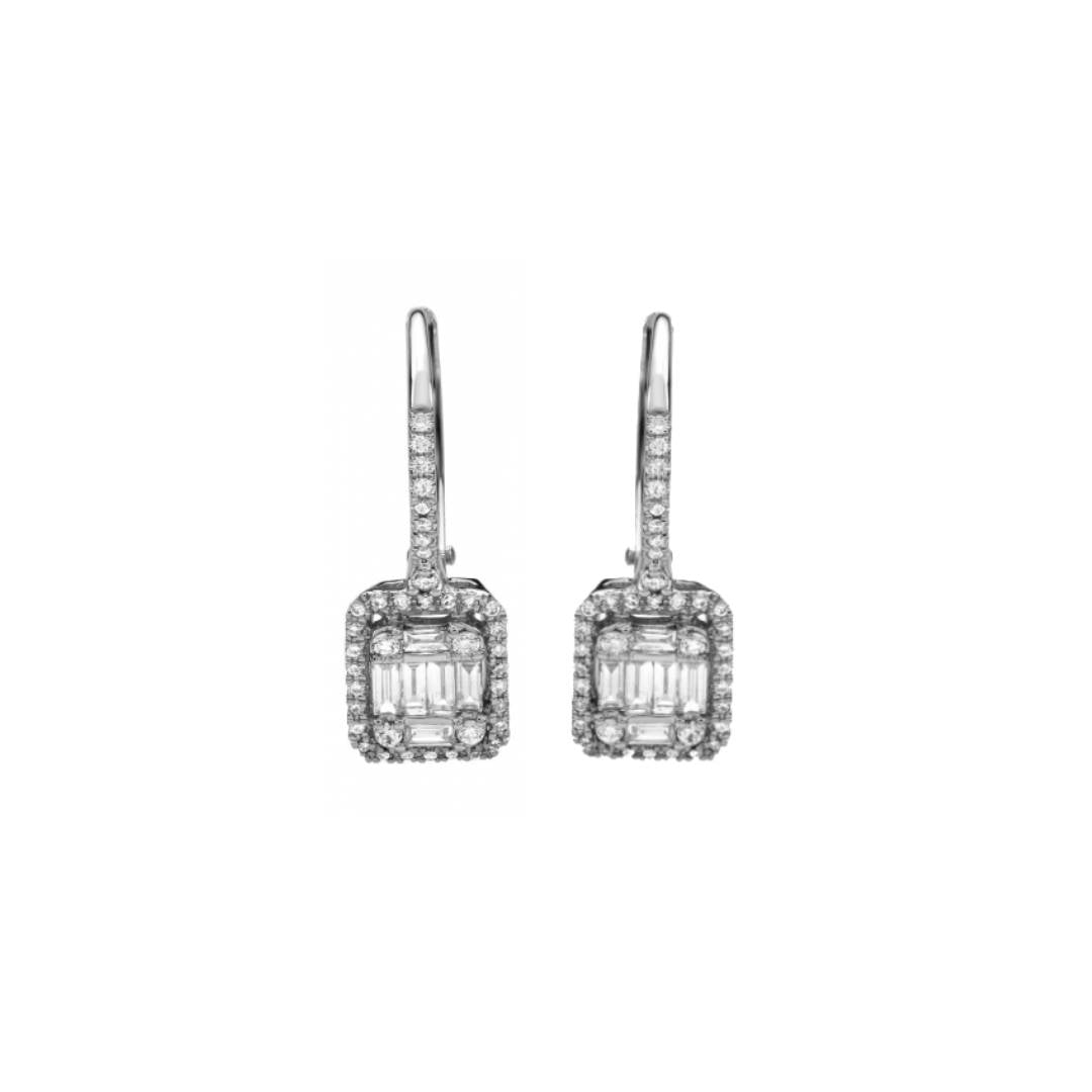Aretes de oro blanco con diamantes redondos 0.48CTD y baguettes 0.83CTD