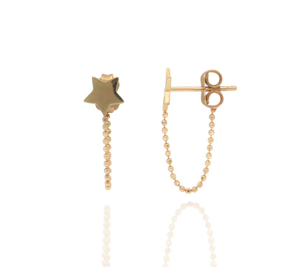 Aretes de oro amarillo 14k en forma de estrellita y cadena