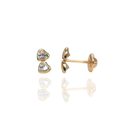 Arete de doble corazón en oro amarillo 14k con circonias