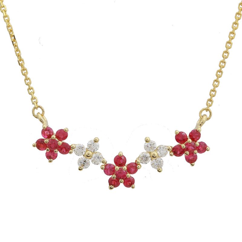 Collar de oro amarillo 14k con flores de rubí 0.33CT y diamantes 0.12CT