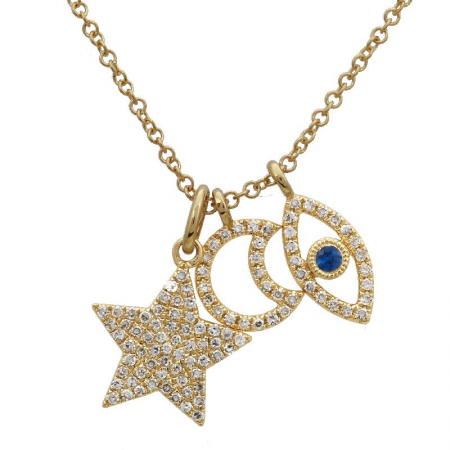 Collar de ojo, luna y estrella de oro amarillo 14k con diamantes y zafiro (0.21CTD)