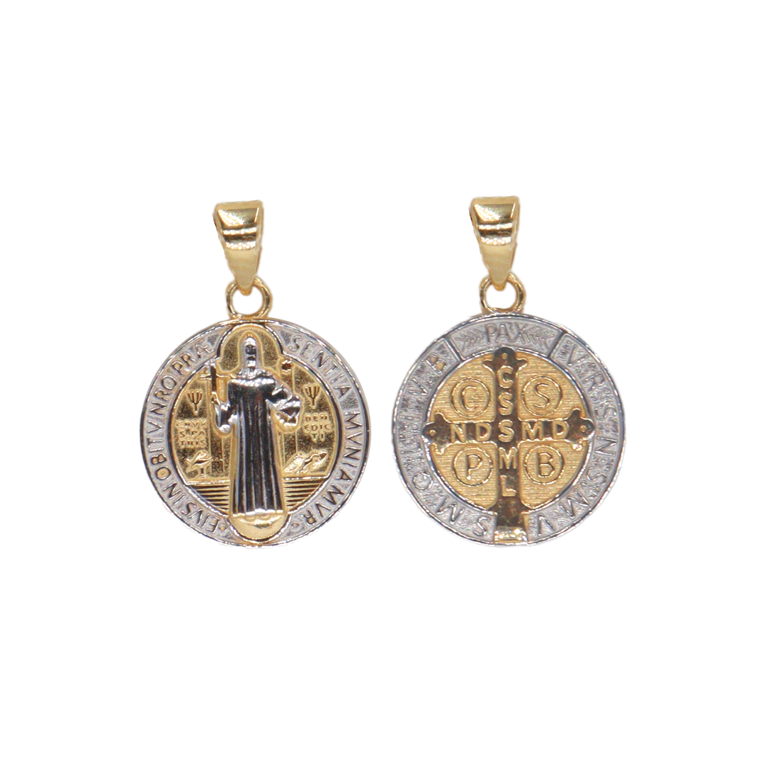 Medalla de San Benito reversible en oro amarillo y blanco de 14k 13mm