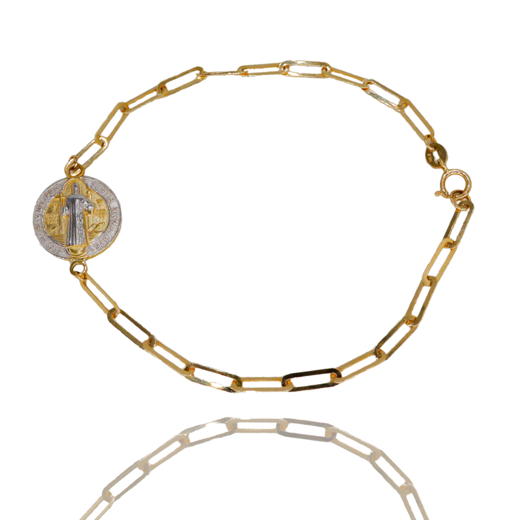 Pulsera paper clips de Medalla de San Benito en oro blanco y amarillo de 14k